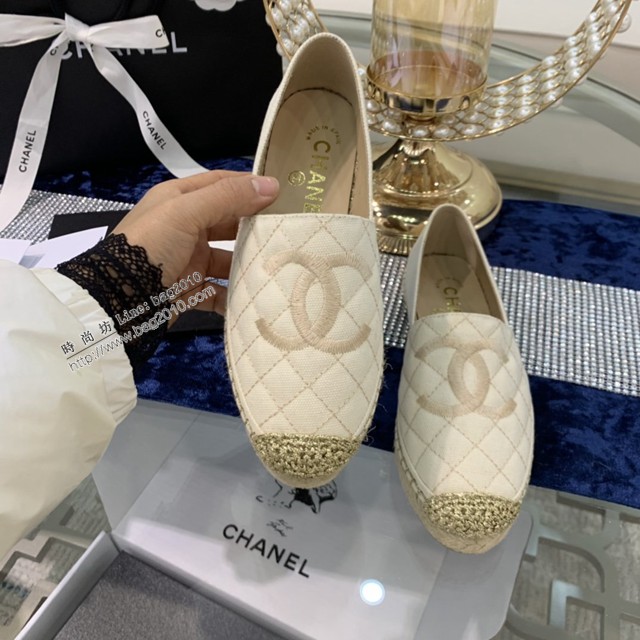chanel2022最新頂級綿羊皮單鞋 香奈兒經典米布繡金標拼色漁夫鞋 dx3523